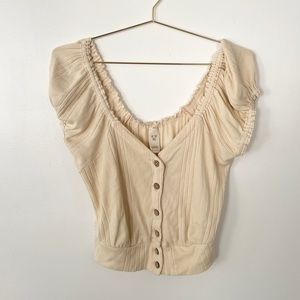 We The Free Ribbed Off Shoulder Cream Crop Button Top L
